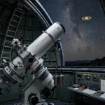 Observatory dome open at night during a survey of Saturn