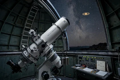 Observatory dome open at night during a survey of Saturn