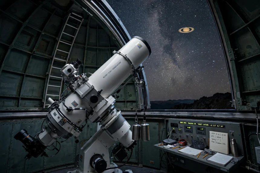 Observatory dome open at night during a survey of Saturn