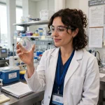 Medical researcher analysing vaccine data in a modern laboratory