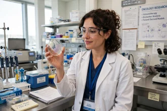 Medical researcher analysing vaccine data in a modern laboratory