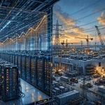 Illustration of a large AI data center with servers, power lines and rising costs