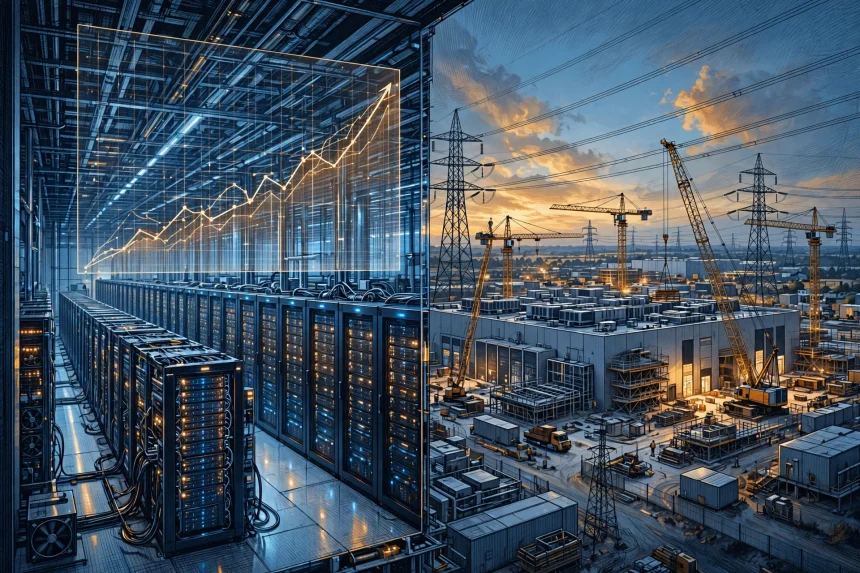 Illustration of a large AI data center with servers, power lines and rising costs