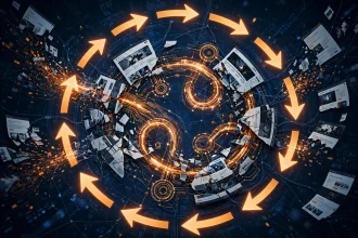Illustration of AI systems looping through web content, symbolising the AI doom loop