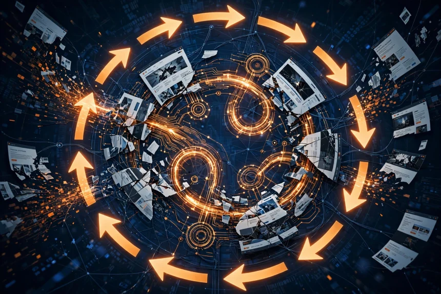 Illustration of AI systems looping through web content, symbolising the AI doom loop